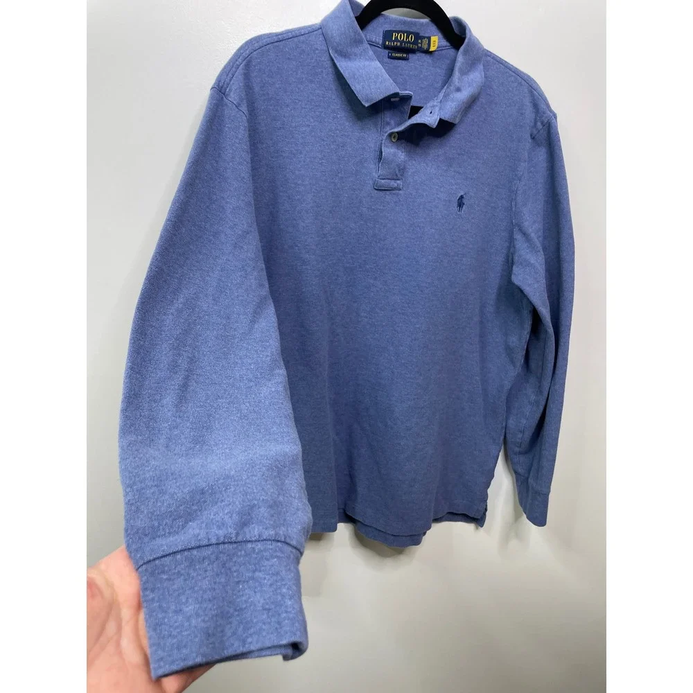 Polo Ralph Lauren Mens XL Classic Fit Long Sleeve Polo Shirt Heather Blue Cotton